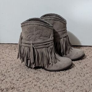 Not Rated Taupe Fringe Western Style Ankle Booties